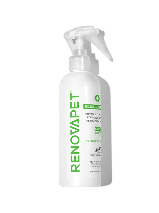 Dientes limpios y sin mal aliento para mascotas| Renovapet Enjuague Bucal 250 ml No. Reg. ICA: 11259-CV