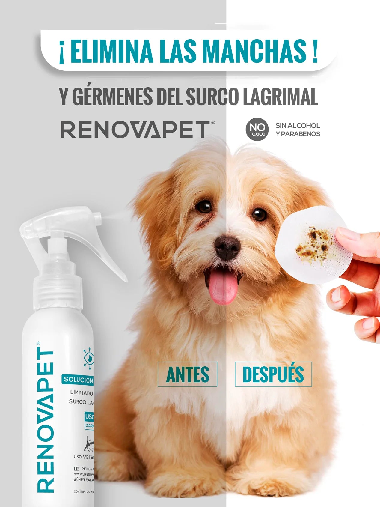 Limpiador de manchas del surco lagrimal para mascotas | Renovapet Solución Tópica Limpiadora Del Surco Lagrimal. 120ml. No. Reg. ICA: 11260-CV